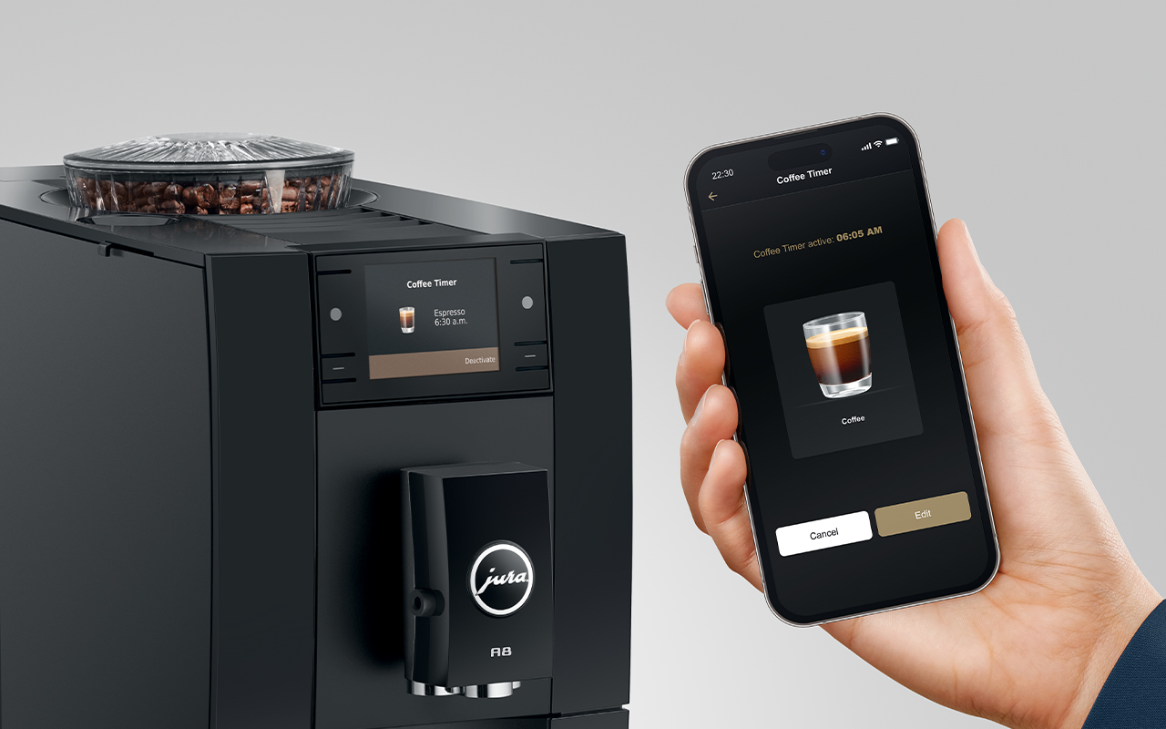JURA A8 Piano Black EA – funkcja Coffee Timer w aplikacji J.O.E.